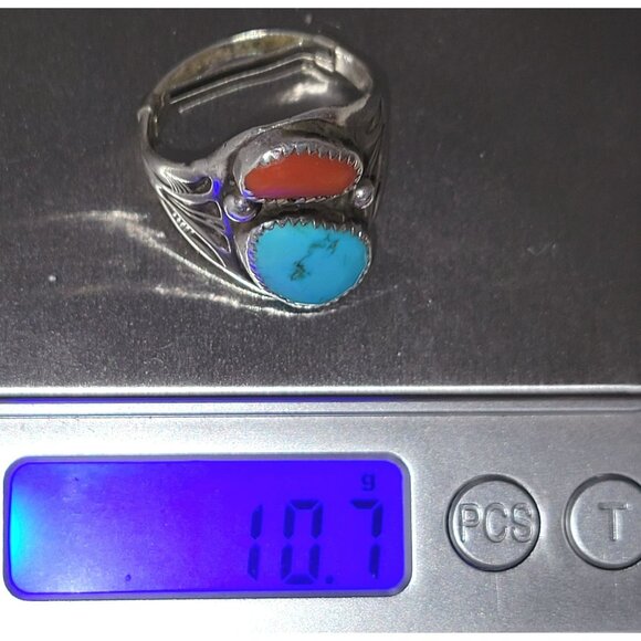 Vintage NA Turquoise Coral Native American Sterling Silver Ring Signed AR RR - Picture 10 of 15